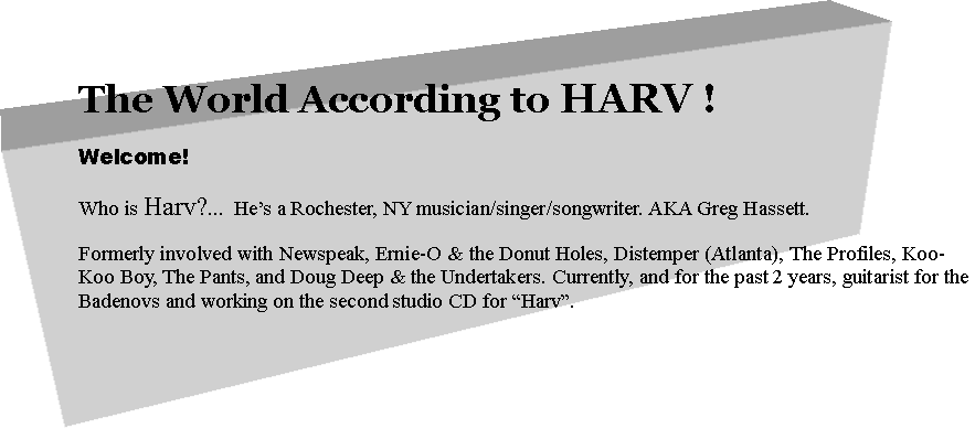Text Box: The World According to HARV !Welcome!Who is Harv?...  Hes a Rochester, NY musician/singer/songwriter. AKA Greg Hassett.Formerly involved with Newspeak, Ernie-O & the Donut Holes, Distemper (Atlanta), The Profiles, Koo-Koo Boy, The Pants, and Doug Deep & the Undertakers. Currently, and for the past 2 years, guitarist for the Badenovs and working on the second studio CD for Harv.